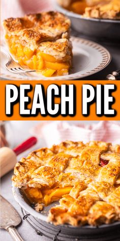 this peach pie is made with fresh peaches and topped with a flaky crust