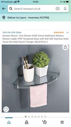 a glass shelf with two plants on it and a white towel hanging from the wall