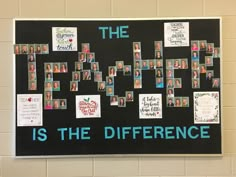 a bulletin board with pictures and words on it