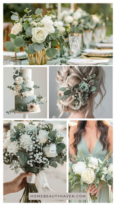 a collage of photos with flowers and greenery on them, including roses in vases