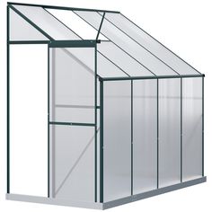 a white greenhouse with green trim on the roof and side walls, isolated against a white background