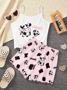 Multicolor Casual,Cute Collar   Animal,Cartoon,Letter,Textured Pattern Short Sets Embellished Slight Stretch  Teen Girls Clothing Tank Top And Shorts, Comfortable Home, Cartoon Letters, Home Wear, Cow Pattern, Summer Knitting