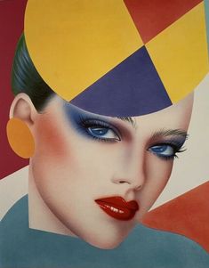 a painting of a woman's face with multicolored shapes on her head