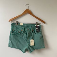 Brand New With Tags Levi’s 501 Shorts. High Rise. Cute, Unique Green Denim Color. 100% Cotton. Size 27. 501 Shorts, Denim Color, Levi’s 501, Colored Denim, Cut Off Shorts, Cut Off, High Rise, High Waisted, Womens Shorts