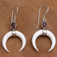 Garnet and Crescent Bone Dangle Earrings from Bali - Sanur Crescents | NOVICA Half Elf, Bone Earrings, Crescent Earrings, Bone Jewelry, Bone Pendant, Bone Carving, Jewelry Packaging, Hook Earrings, Leather Jewelry