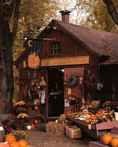 an outdoor store with pumpkins, hay and other items on display in front of it