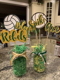 two mason jars filled with green grass and some wooden signs on top of the jars