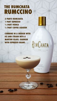 the rumchata rumccino is served in a martini glass with coffee beans