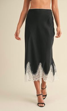 Back satin like midi skirt with ivory scalloped lace trim with side zipper closure. Mini Black Skirt Outfit, Black Satin Midi Skirt, Lace Trim Skirt, Skirt With Lace Trim, Lace Skirts, Satin Mini Skirt, Maxi Jumpsuit, Skirt With Lace, Satin Midi Skirt