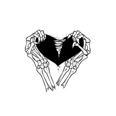 two skeleton hands holding up a heart shaped black and white drawing on a white background