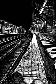 a black and white drawing of a train station with tracks in the foreground at night