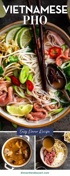 vietnamese pho soup in a bowl with chopsticks on the side and ingredients