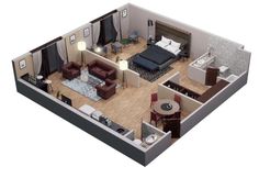 the floor plan of a two bedroom, one bath apartment with living room and dining area