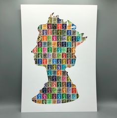 the silhouette of a person is made up of many different colored stamps on white paper