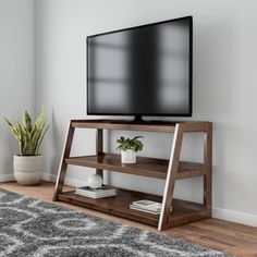 a flat screen tv sitting on top of a wooden shelf next to a potted plant