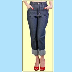 These Flattering Jeans Should Be In Every Girl's Wardrobe. These Adorable Jeans Are High Waisted And Cuffed (The Cuff Is Sewn). Features Front Zip And Two Pockets In Both Front And Back. The Little Bit Of Stretch Assures A Great Fit! Due To The Dark Denim Color And Maintaining This Vintage Denim Look, These Jeans Have Not Been Pre-Washed. Therefore, The Blue Die May Rub Off Slightly On Your Undergarments. If You Choose, You May Wash Them In Cold Water And Hang Dry To Reduce The Die Transfer. To 1940s Jeans, 50s Jeans, 1950s Jeans, Redone Jeans, 1950s Women, Flattering Jeans, Pattern Inspiration, Stop Staring, Rock Revival Jeans