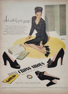 an advertisement for cross - shoes featuring a woman sitting on the floor with her legs crossed