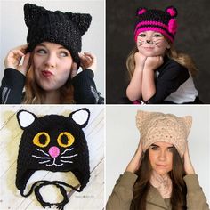 four different pictures of women wearing knitted hats with cats on them, and one has a cat's head in the middle