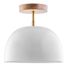 an image of a white light fixture with wood accents on the top and bottom part