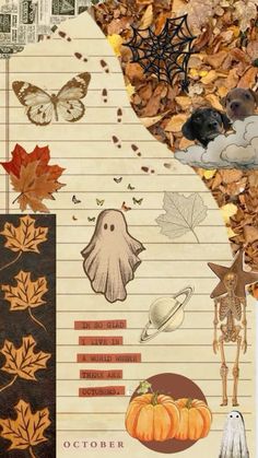 a collage of autumn leaves, pumpkins and other things on lined notebook paper