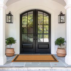 two potted plants sit on the front steps of a house with black doors and windows