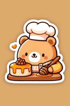 a brown teddy bear with a chef hat on top of a table next to a cake