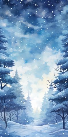 a painting of snow covered trees and the sky