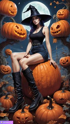 a woman sitting on top of a pile of pumpkins in front of a full moon