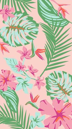 a pink and green floral wallpaper with palm leaves