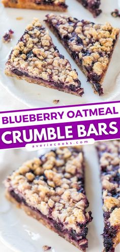 blueberry oatmeal crumble bars on a white plate with text overlay