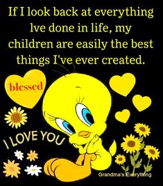 a yellow bird sitting on top of a flower next to a black background with the words, if i look back at everything i've done in life, my children are easily the best things