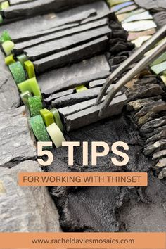 a piece of slate is being placed into a mosaic with a pair of tweezers. Over the top of the image, the text reads 5 tips for working with thinset Mosaic Techniques, Tile Art Projects, Stone Mosaic Art, Tile Mosaic Art, Abstract Mosaic Art, Landscape Mosaic, Mosaic Tiles Crafts