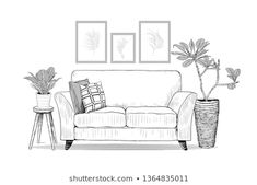 sketched living room with couch and potted plants on the table, black and white drawing