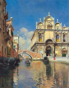 a painting of a canal with gondolas and buildings in the background