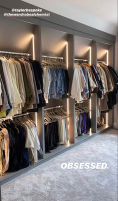 an open closet with clothes on shelves and lights in the ceiling, next to a carpeted floor