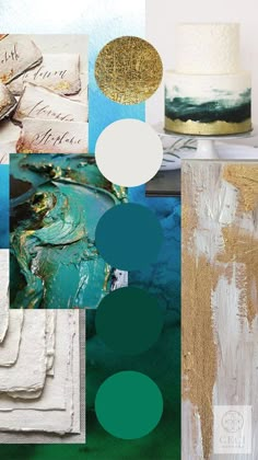 a collage of different colors and textures with white, blue, green, and gold