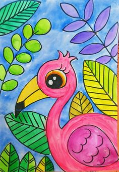 a drawing of a pink flamingo surrounded by leaves