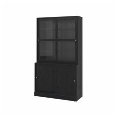 a black bookcase with glass doors on the front and bottom, against a white background