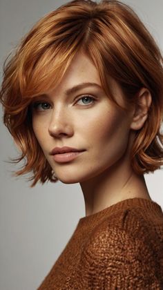 Cool Copper Blonde Feathered Bob 💇‍♀️ Hair Colors For Fall, Hairstyle 2024, Feathered Layers, Fall Blonde Hair Color, Feathered Bob, Blonde Hair Colors