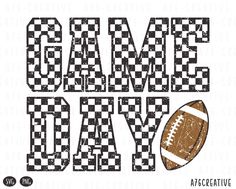 the word game day with an american football and checkerboard pattern in black and white