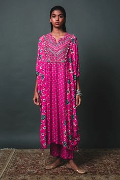 Buy Sonam Luthria Pink Crepe Patola Pattern Kaftan Kurta And Pant Set Online | Aza Fashions Patola Pattern, Kaftan Kurta, Print And Embroidery, Kurta Pant Set, Latest Dress Design, Designer Kurti Patterns, Sleeves Designs For Dresses, Kurta Designs Women, Dress Indian Style