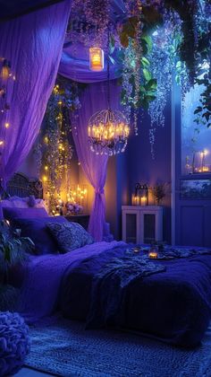 a bedroom with purple curtains and lights on the ceiling is lit up by candlelight