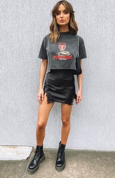 Lace Up Skirts Outfits Casual, Black Mini Slip Skirt Outfit, Black Leather And Lace Outfit, Punk Going Out Outfits, Black Skirt Rock Outfit, Going Out Alternative Outfits, Going Out Outfits Gen Z, Short Black Silk Skirt Outfit, Lace Up Skirts Outfits