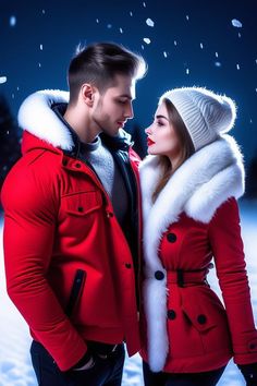 a man and woman in winter clothes standing next to each other with snow falling on them