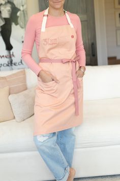 apron with & logo and pocket Cooking Class Outfit, Pink Uniform, Baker Clothes, Blush Pink Apron, Pink Aprons, Tan Apron, Salon Apron, Cafe Uniform, Farmers Tan