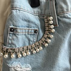 Bought Fron Lf, Super Unique One Of A Kind Type Pair Of Denim Shorts. I Havent Seen A Single Pair Like Them. Nwt Denim With Lace, Jean Hacks, Closet Clothes Storage, Female Clothes Outfits, Denim Embroidery, Denim And Diamonds, Diy Clothes Design, Denim Ideas, Jean Crafts