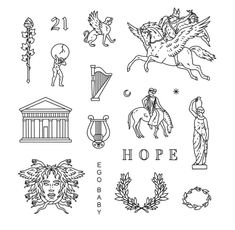 the stamps are designed to look like ancient greek art and symbols, including an eagle, a horse, a woman with a staff