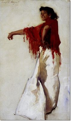 a painting of a woman in white dress with red shawl on her head and arms outstretched