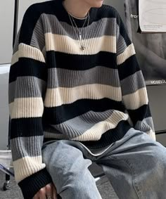 Striped-Sweater-Men-Autumn-Winter- Men Sweater Crochet, Men’s Knit Sweater, Oversized Sweater Outfit Men, Autumn Fits Men, Men Crochet Ideas, Men’s Cardigan Outfit, Men Sweater Outfit, Crochet Sweater For Men, Crochet Sweater Men