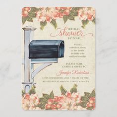 a wedding shower card with flowers and a mailbox